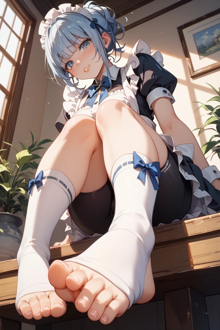 Hamakaze, Hamakaze, Blue eyes, Grey Hair, Hair Ornament, Hair over one eye, hair clips, Short hair, Short hair,BREAK black pantyhose, buttoning, gloves, grey sailor collar, grey skirt, hair clips, neckerchief, pantyhose, Pleated skirt, Sailor collar, School uniform, serafuku, (White seraphuk:1.3),Skirt, White Gloves, Yellow neckerchief,Naughty big、large full breasts、looking at the viewers,BREAK (masutepiece:1.2), Best Quality, High resolution, Unity 8k壁纸, (Illustration:0.8), (Beautiful detailed eyes:1.6), extra detailed face, Perfect Lighting, extremely details CG, (Perfect hands, Perfect Anatomy),Smile with open mouth、,(white panties:1.3)、(Fully exposed panties:1.5)、Sit with your knees bent、Eight-headed body、beauty legs 、As if looking up from below、(knees to chest),、(outside of house、plein air,:1.3)、(sea side:1.3)