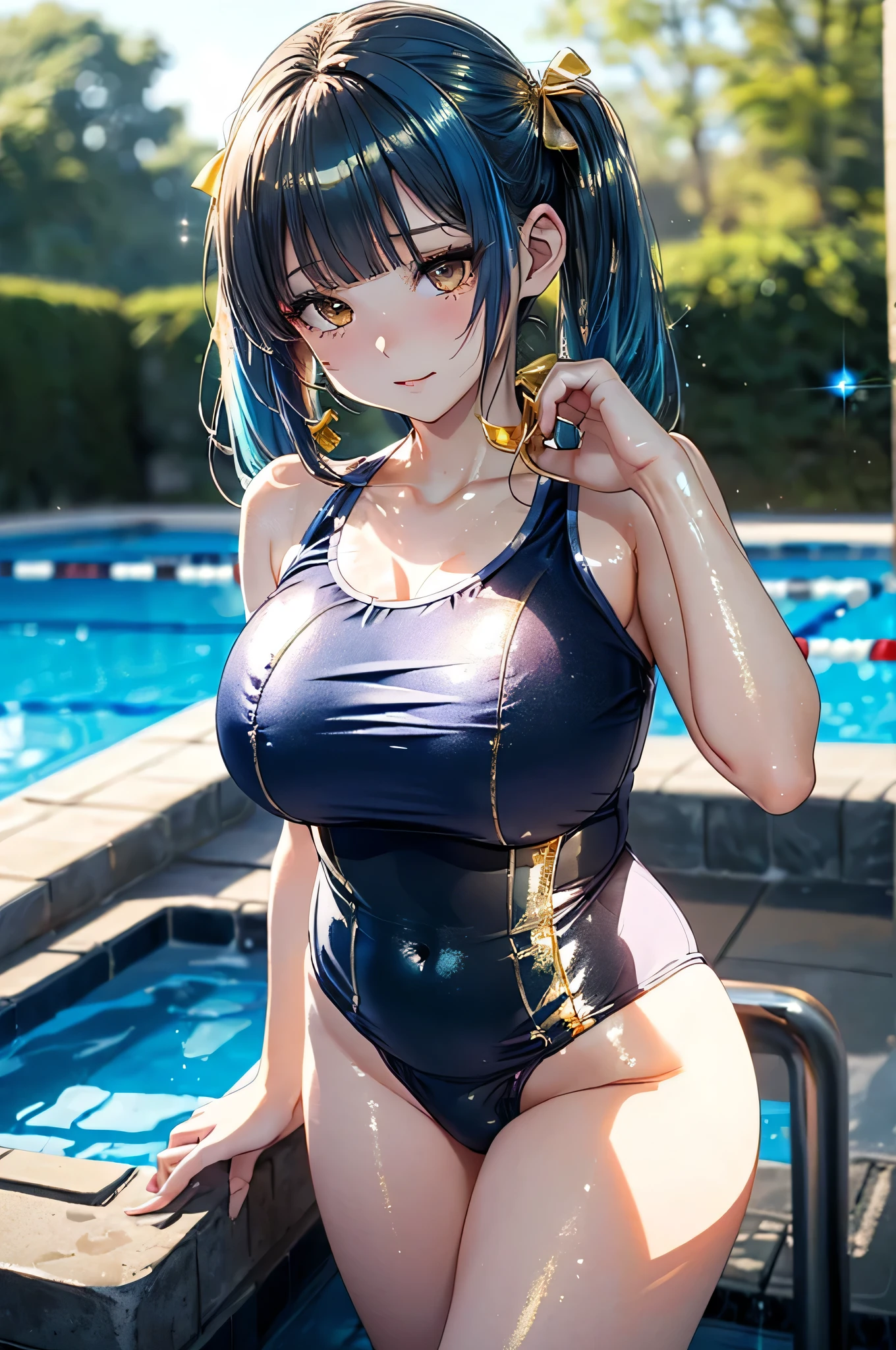 (masterpiece, Highest quality, Super detailed:1.3), Perfect composition, 4K, (Very detailed, Super detailed), A simple blue swimsuit、High resolution, 8k Texture, Attention to detail, Very detailed肌の質感, Magnificent details, High Sharpness, One girl, (Fine grain:1.3), Many layers of eyes、(25-year-old woman:1.3), (skinny), (Big Breasts),  Outdoor swimming pool side,((Lively composition))、smile、A pleasant looking face、Toned body、Shot from the back、turn around、Nipple swelling、Wet Skin、Stretching exercise with both arms extended、Beautiful feet、