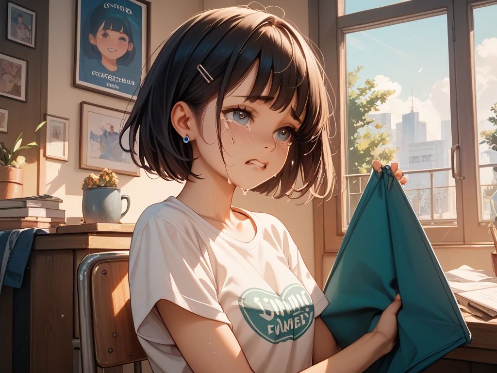 Best quality, best resolution, detailed depiction, delicate depiction, diverse lighting, masterpiece, ultra-high resolution, photorealistic, best quality, 8K, perfect, a girl who is too cute like a cat, her pose is like an animal, a loose T-shirt,