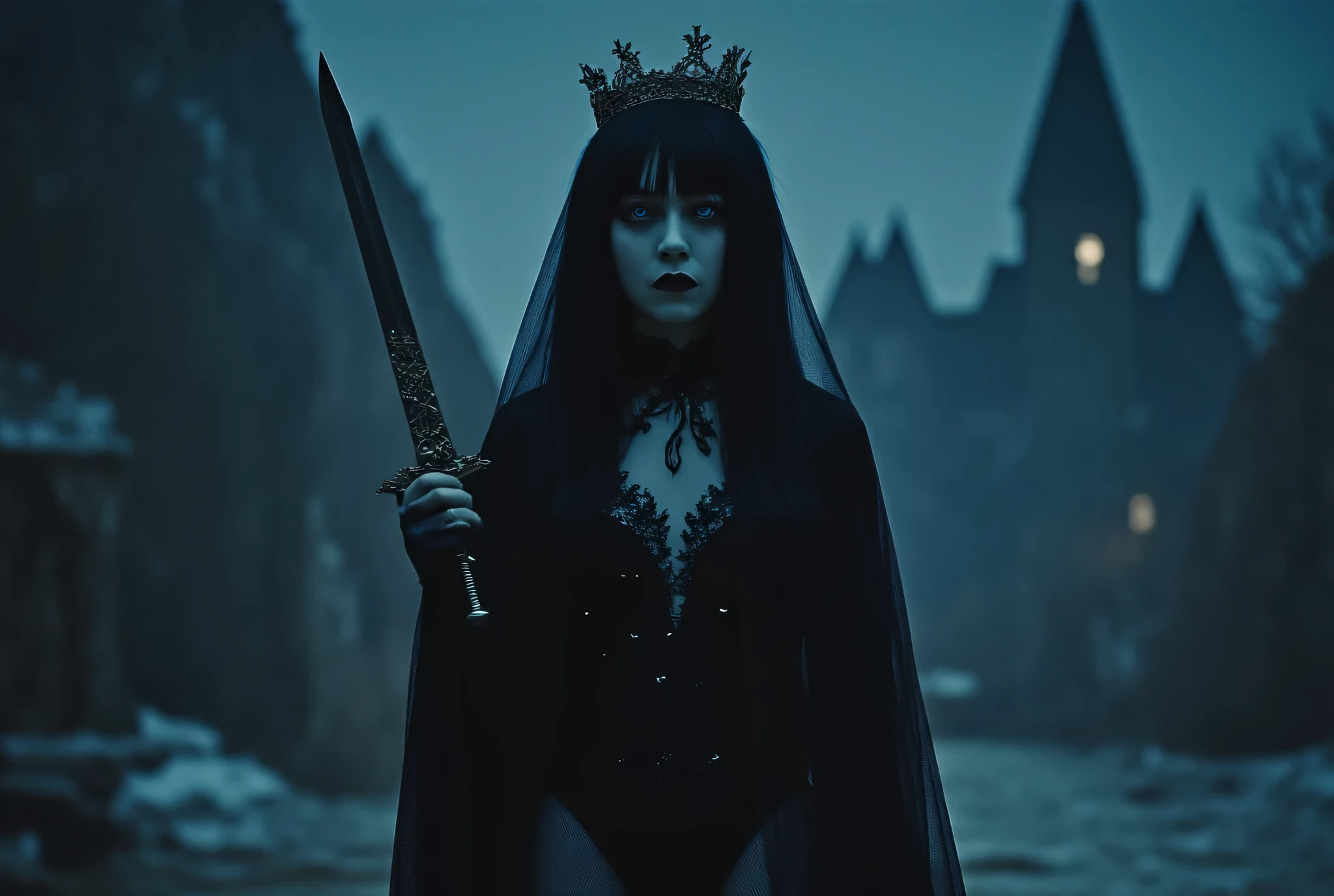 (((On the top floor of the Dark Castle:2.0))),((Night sky with constellations:2.0)),(((Dark horror atmosphere with a gothic feel:2.0))),(((Lift the large, shiny copper sword above your head with both hands:2.0))), standing,((GROUND VIEW:2.0)),looks up at the night sky,One female ghost,((super cute face:2.0)),(Beautiful well-balanced face :2.0),((long hair with bangs:2.0)),(black hair:1.5),(beautiful eyes:1.5),A glamorous shot of a 20-year-old Japanese woman, Slender Beautiful Body ,((model body type:2.0)),((slim body:1.7)),perfect body line,ideal proportions,((big on the floor:2.0)),((スリーサイズ90-58-86:2.0)),((G cup breasts:2.0)), popup,((((Underboob:2.0)))),Bare thighs,Sensual Thighs,delicate body,(Glutinous Flesh:1.7),harmonious posture,((Realistic breast depiction :1.7)),Carefully depicting limbs based on perfect anatomy,((super high-leg leotard in the style of the king of darkness with a copper sword:2.0)),((Super High Leg Leotard made of fitted lace:2.0)),((A long embroidered cloak with an open front over a hi-leg leotard:2.0)),(Black lipstick:2.0),((Wear a black lace short veil over your head:2.0)),((((Coarse mesh fishnet stockings:2.0)))),(((Copper crown:2.0))),concept art,(top quality:2.0),(masterpiece:2.0),((超high definition:2.0)),high definition,UHD,(Delicate Description), carefully drawn with butterfly wings ,32k,((Realistic Skin Texture:1.5)),(((ultra-realistic:1.5))),carefully draw eyelashes,very detailed face,Highly detailed female hand, Sexy appearance ,very sensual,(Blurry Dim Backgrounds :1.5),professional photo shoot,(movie light:2.0),((Rembrandt-style lights:2.0)