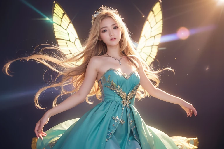 1 person, masterpiece, Very detailed, ((Cinema Lighting)), (Shine), ((Dramatic lighting)), ((beautiful delicate Shine)), Intricate details, Lens flare, blonde, Long Hair, colorful dresses, butterfly hair ornament, butterfly, (Particles of light), Put your arms behind your back, Mid-chest, [take up], Cowboy Shot, A light smile, Green Eyes, church, Stained glass, Spotlight, Dark Background, Floating Hair, Floating Hair, Looking at the audience,((colorful))