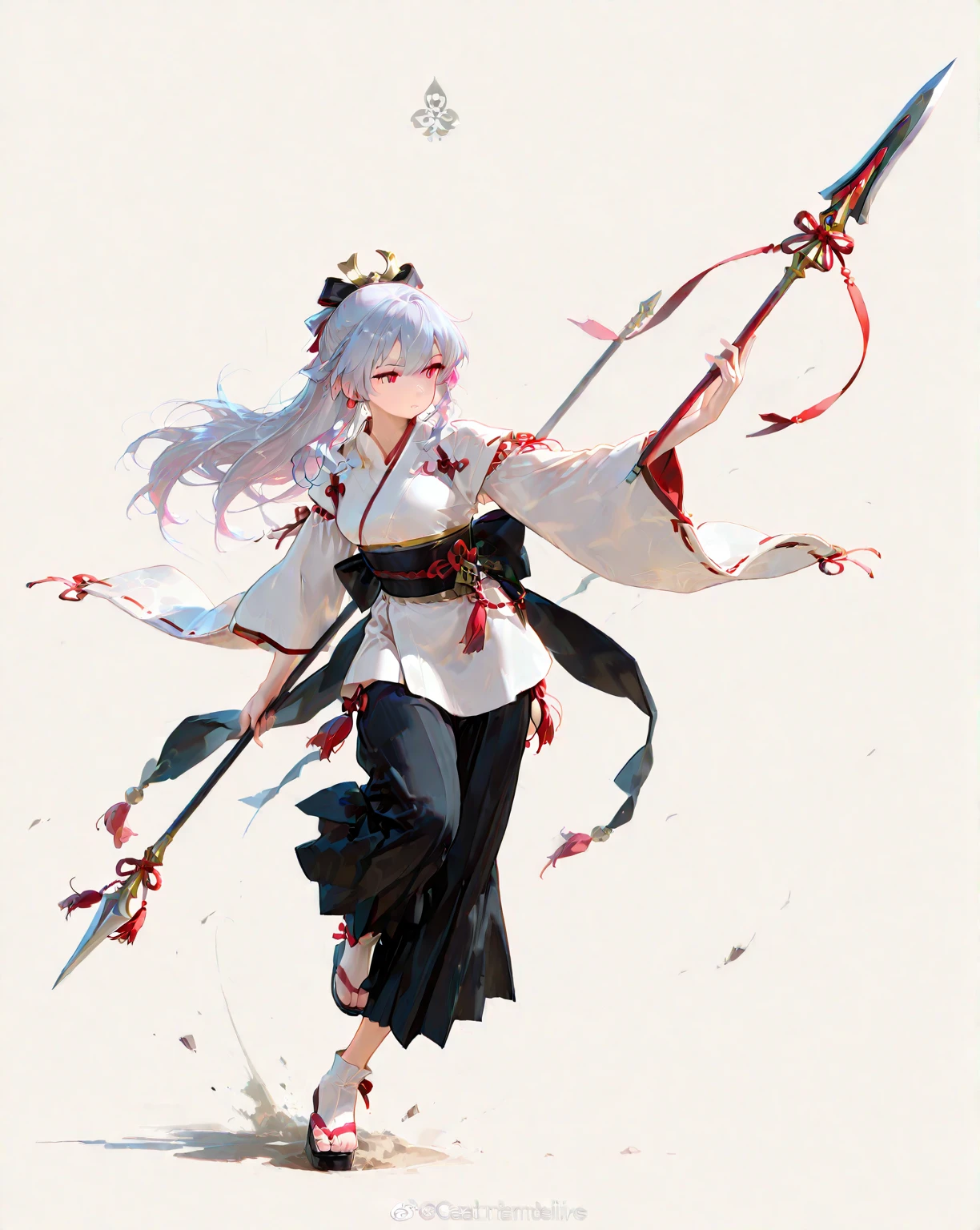 1 girl, White short Kimono with three clover design, Katana on the waist, Water dragon in the back, Long wavy sliver hair