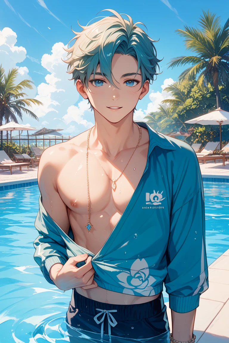 himeru, blue hair, short hair, YELLOW eyes, yellow eyes, boy, 1boy, beach, beach scene, ocean, water, no shirt, male swim suit, purple swim trunks, trunks, swim trunks