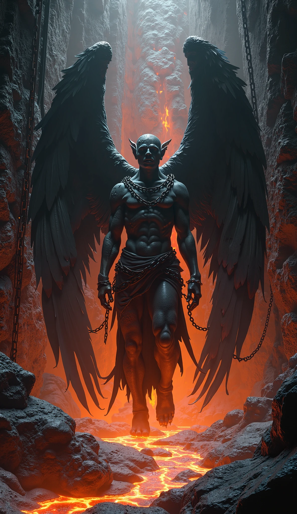 The fallen angel Raziel (flight:1.3), (with an all Azul-colored body), (bright yellow eyes:1.1), exhibits a demonic yet heroic figure. His large, (dirtied white wings), spread out in contrast against the dark city backdrop, create an intriguing dark fantasy style. The high-resolution image boasts an unparalleled level of detail, showcasing the soft, expressive, and highly-detailed face of the angel (actual:1). Every pore and vein on his face is visible, reflecting the photo-realistic quality. The full-color, 8K Ultra HD, 3D rendered image, powered by Unreal Engine v5.2,
