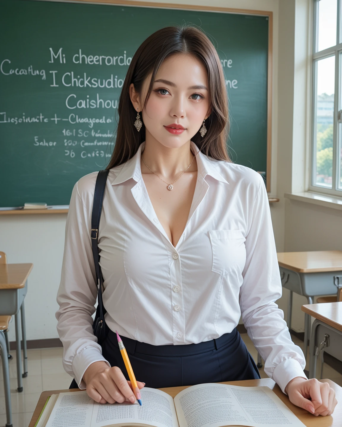 High resolution, High-level image quality, High definition, masterpiece, 8k, Anatomically correct, Professional Lighting, sharp, White Photo, ((Japanese Mature, 90 years old, Old beautiful female teacher)), One person, Sagging cheeks,  Dull facial skin, Shapely large breasts, Volumizing straight long light brown hair parted to the right, Chubby body type, ((School classroom, Standing upright, holding the attendance book and looking at the viewer)), (((A thin, black, short-sleeved, see-through camisole with summer lace tucked into a skirt, A thin white long flared skirt))), A composition that shows what&#39;s under a skirt from the feet up
