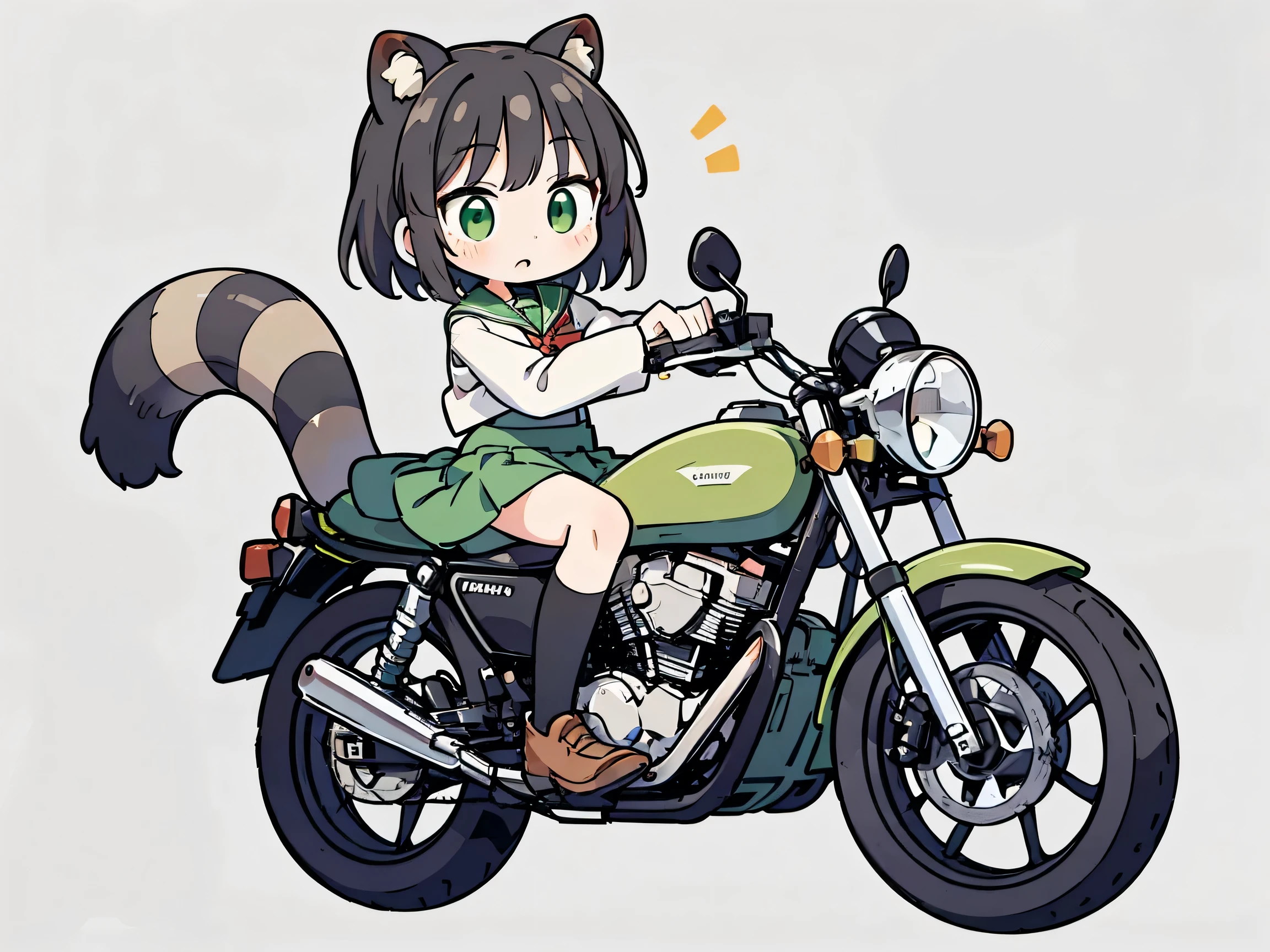 anime style、 female、 Raccoon Ears、Raccoon Tail、black hair、 short hair、 Green Sailor Suit、red ribbon、 Green Long Skirt 、knee-high、simple background、 green eyes、riding a motorcycle