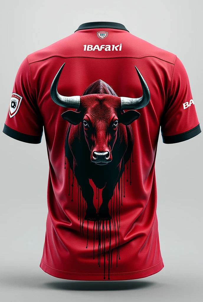 Create a volleyball jersey for men. It should be modern, creative, the theme is red, black and white, and has a logo of a red bull on it. The team name is "Purok 1". It should have front, back, and side view of the shirt.