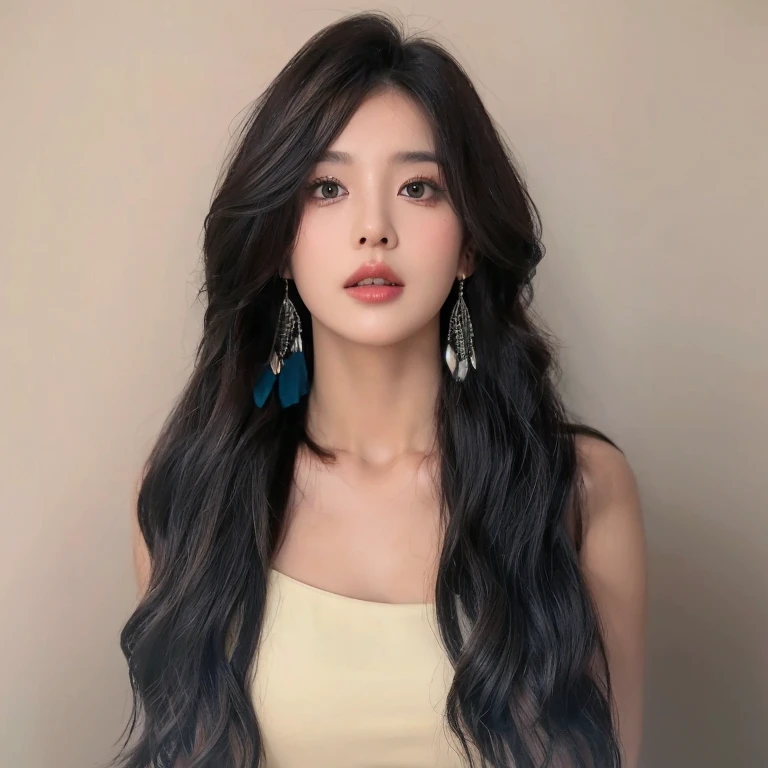 middle parted bangs,black long curly hair,The background is clean and simple.,natural and beautiful hair
