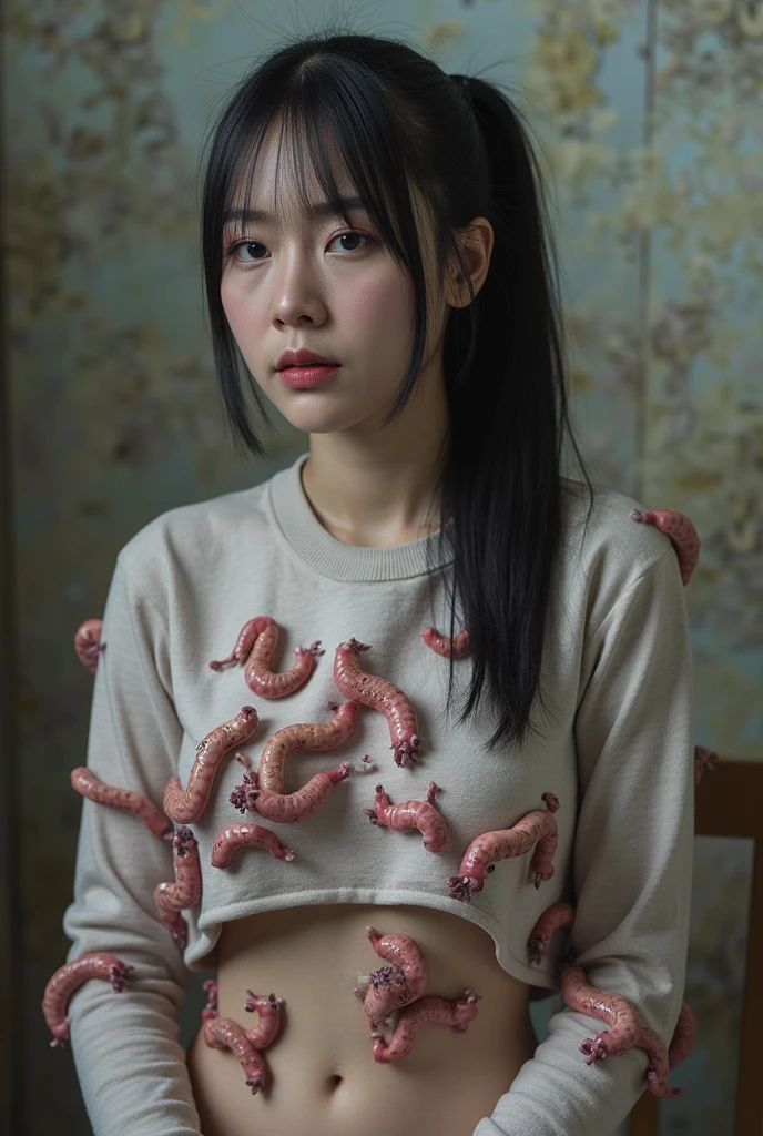 creepy tentacles are (((licking))) Asian school girl (inside creature:1.4) of stinky saliva fluids in fantasy, (stinky dress), wet girl, sitting, ((looking at the viewer)), wet skin, , anguished, bound by slimy tentacles, , vine, sitting in a mirror, she is resisting from  shot, ,  stain, (she is hiding her mouth:1.5) inside creature, slimy ((wet skin)) dripping, (beautiful eyes), dried saliva, ((steaming)), depth of field, 1girl, solo, censored, ((white)) blouse, skirt, school girl, vore, photorealistic, slime, saliva