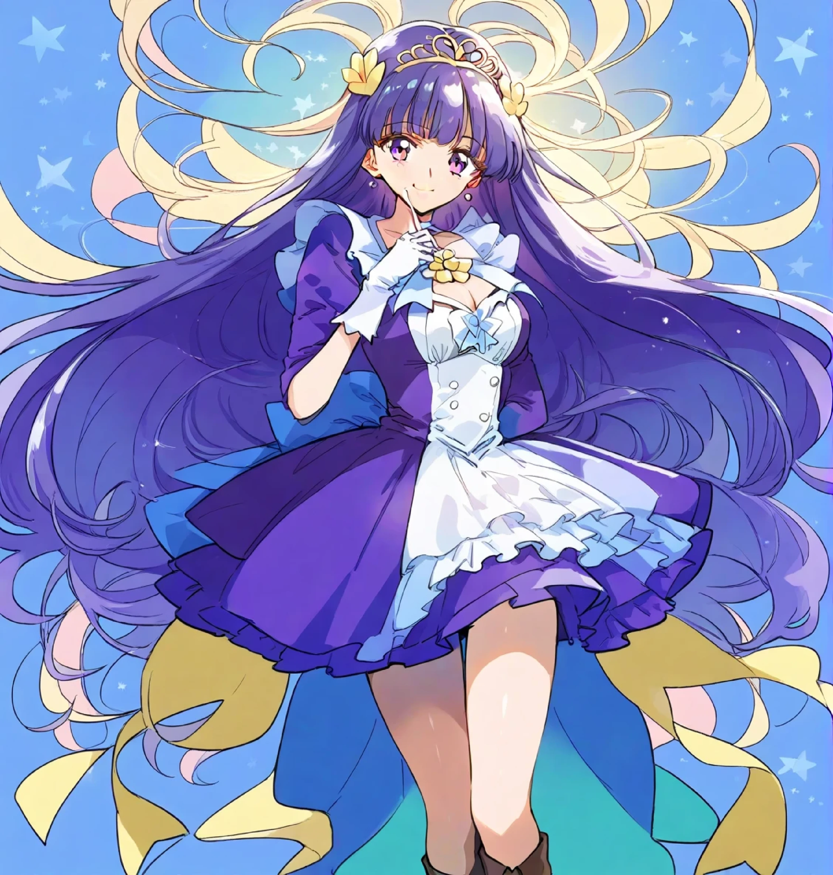Magical Girl PreCure, smiling magical girl wearing white gloves, purple dress, best quality masterpiece, high definition, (highly detailed background:1.2), standing, Black boots, Black and purple inner color、chest, 大きなchest, Outstanding Style , thigh, clavicle, valley, Super long hair, trevally、Very long divine hair、princess cut、straight hair、long hair, tiara、tiaraを頭に置く

