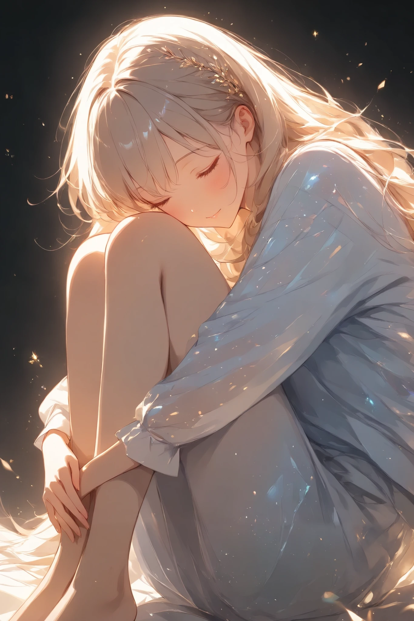 (masterpiece:1.2),high quality、very breathtaking、beautiful details、best image quality、black background、Sparkling光る女性、sleep curled up、A spotlight that only hits women、Sparkling、A painfully beautiful work