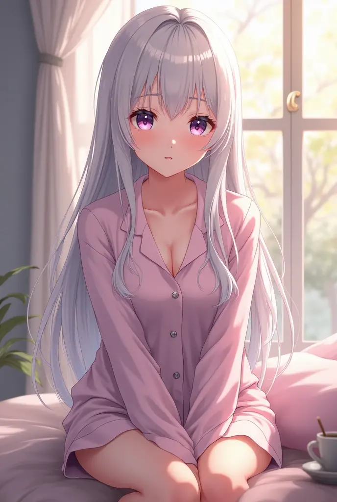 1girl, anime style, woman, youthful, long_hair, ((smooth texture hair)) ((hazel eyes)), ((long white_hair)), ((purple eyes)), morning view, full_body, indoors, lips ((swept bangs)), ((sitting)), ((wearing pajamas)), very detailed and high resolution