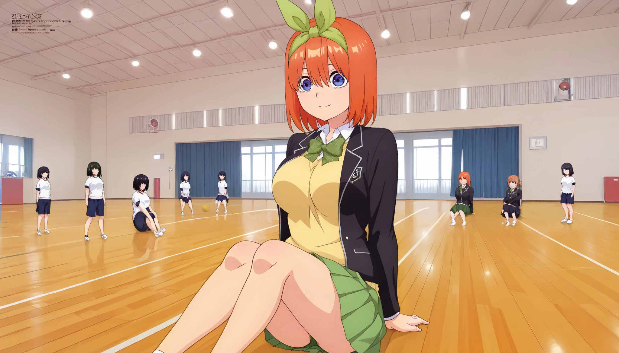 1girl, y0tsuba, large breasts, orange hair, blue eyes, short hair, hair between eyes green bow hairband, black blazer, open blazer, yellow sweater vest, white collared shirt, bowtie, plaid bowtie, green skirt, pleated skirt,y0tsuba, orange hair, blue eyes, short hair, hair between eyes, green bow hairband,Gymn4s3,sitting on the floor grasping one's knees (as in a gym class),,score_9, score_8_up, score_7_up, rating_safe, masterpiece, best quality, absurdres, unity 8k wallpaper, official art, official style, source_anime, uncensored, game cg, megami magazine,taiikukan, indoors, sportswear, multiple girls, indoors, photo background, shorts, ball, 6+girls, ceiling light, black hair, ceiling, stage, wooden floor, gym uniform, sportswear,