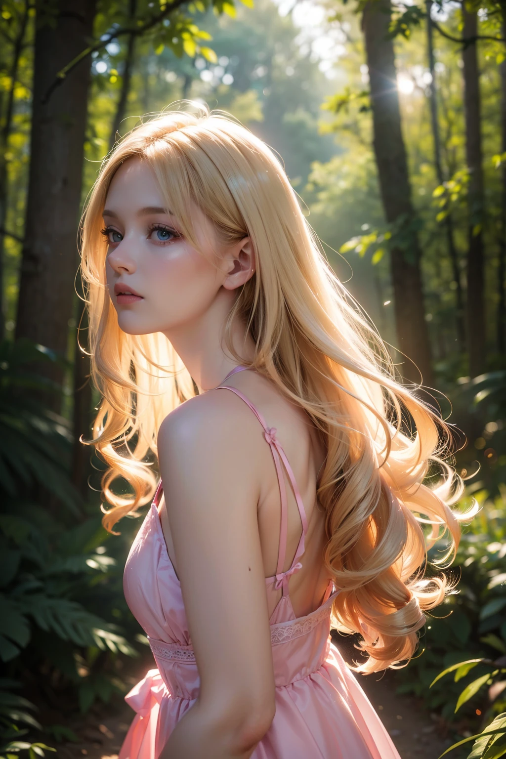 (8k), (masterpiece), (best quality), (super details), (award winning), (realistic), lens flare, glowing light, woman in a pink dress standing in the woods, (photography), modeling shoot, beautiful girl, (beautiful face:0.8), slender blonde girl, fashion photography portrait, pale skin curly blond hair