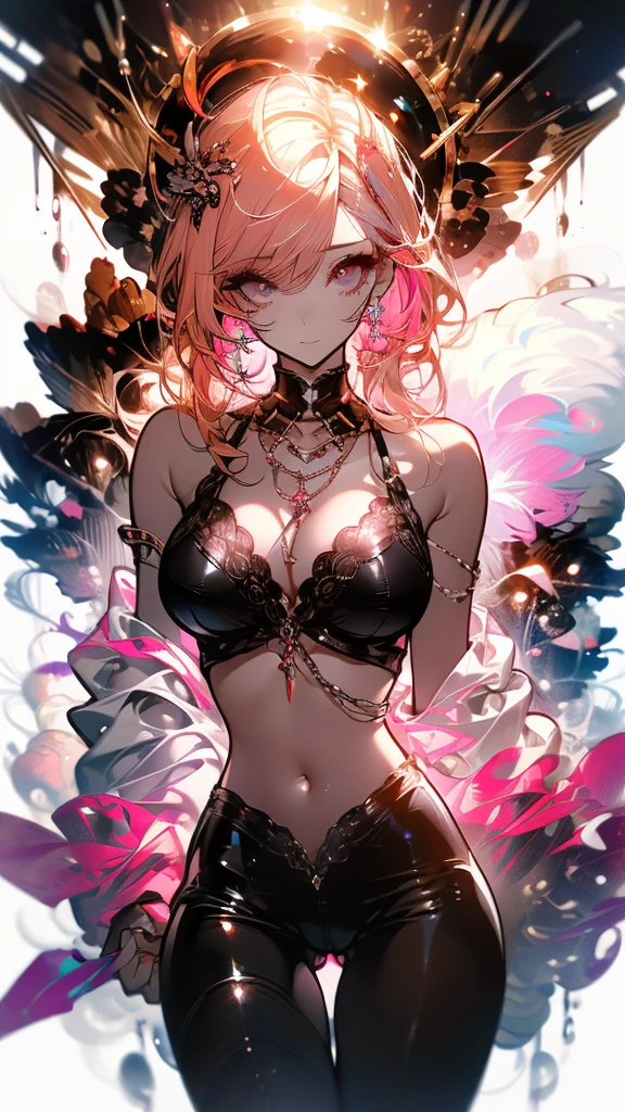 Realistic, Hyper Detail, Girls only, 17yo, Dynamic Lighting, (Glowing Skin: 1.5), masterpiece, Highest quality, Absurd, One-sided layered bob,((Blonde to pink hair:1.3), ((Purple transparent eyes)),((beautiful, Detailed eyes, Jewel-like eyes, Sparkling eyes:1.3)) , Seductive cute girl, Beautiful and attractive , intractive girl, beautiful girl, Beautiful and sexy girl, Sexy Woman, (Black micro bra and micro panties), beautifulアートワーク, The finer details, Best Girl, Detailed digital art, Looking_in_Audience, belly button, ((It was scary))