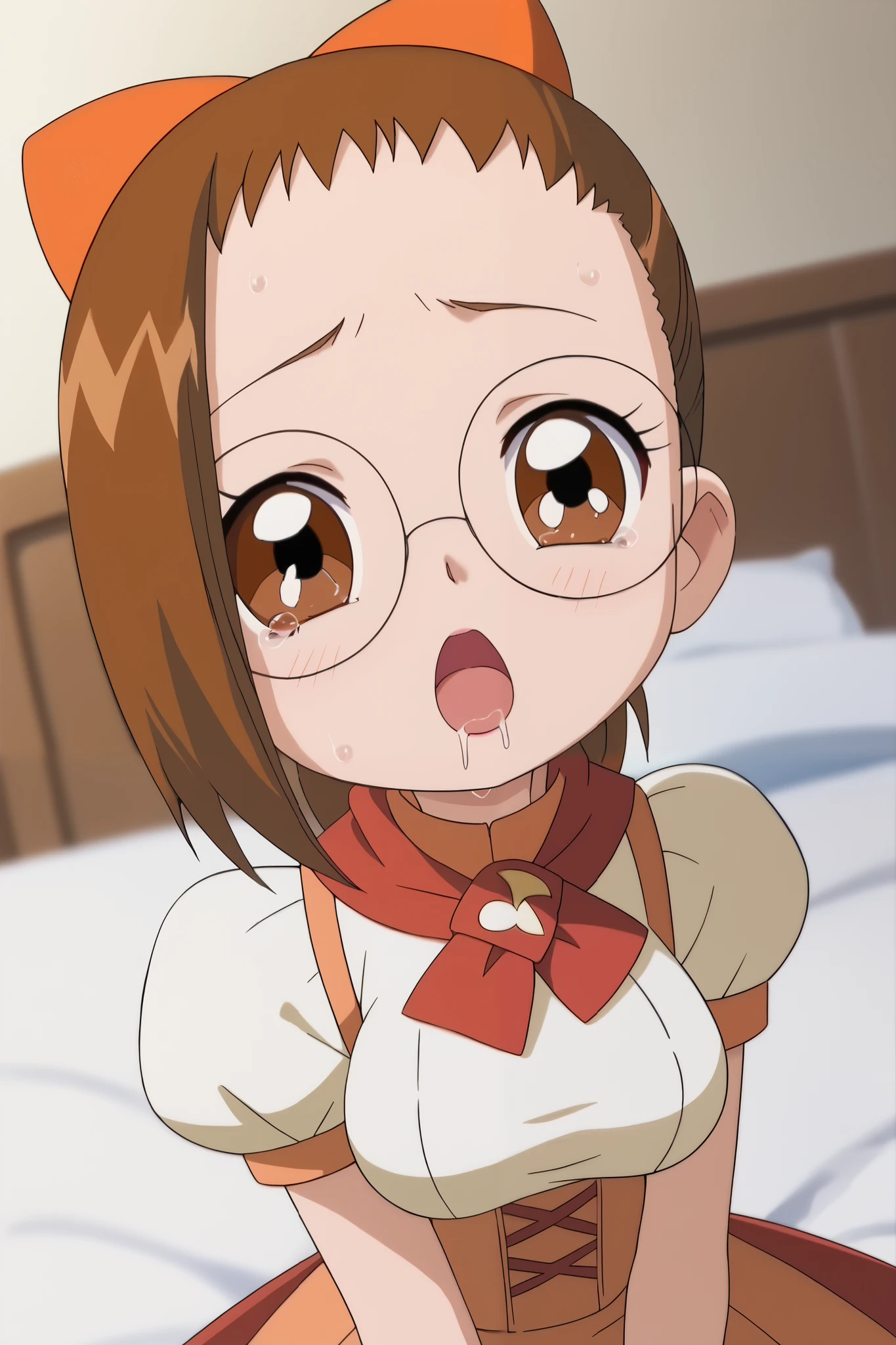 hazuki_fujiwara,
front,from side,from above,
(upper body:1.2),painful,
1 girl,solo,pretty,10years old,short limb,
squatting,spread legs,show panties,
cowboy shot,dutch angle,
round glasses,brown hair,hair bow,
short hair,ponytail,open mouth,
colored inner hair,
brown eyes,sleepy eyes,
beautiful eyes,big eyes,slant eyes,
long eyelashes,
turtleneck (1.3),short_sleeve,red miniskirt,
red enamel's lace-up boots,
enamel's thigh-high boots,high heels,
white panty,
extreme close-up face,
pleasure,ecstasy,blushing,wet,
drooling,tearful eyes,tear drop,sweaty,
white breath,motion line for orgasm,
medium breasts,thin waist,
perfect face,beautiful skin,
anatomically correct,
best quality,super detailed,
Highest quality,masterpiece,high quality,
blurred background,
indoor,bedroom,on bed