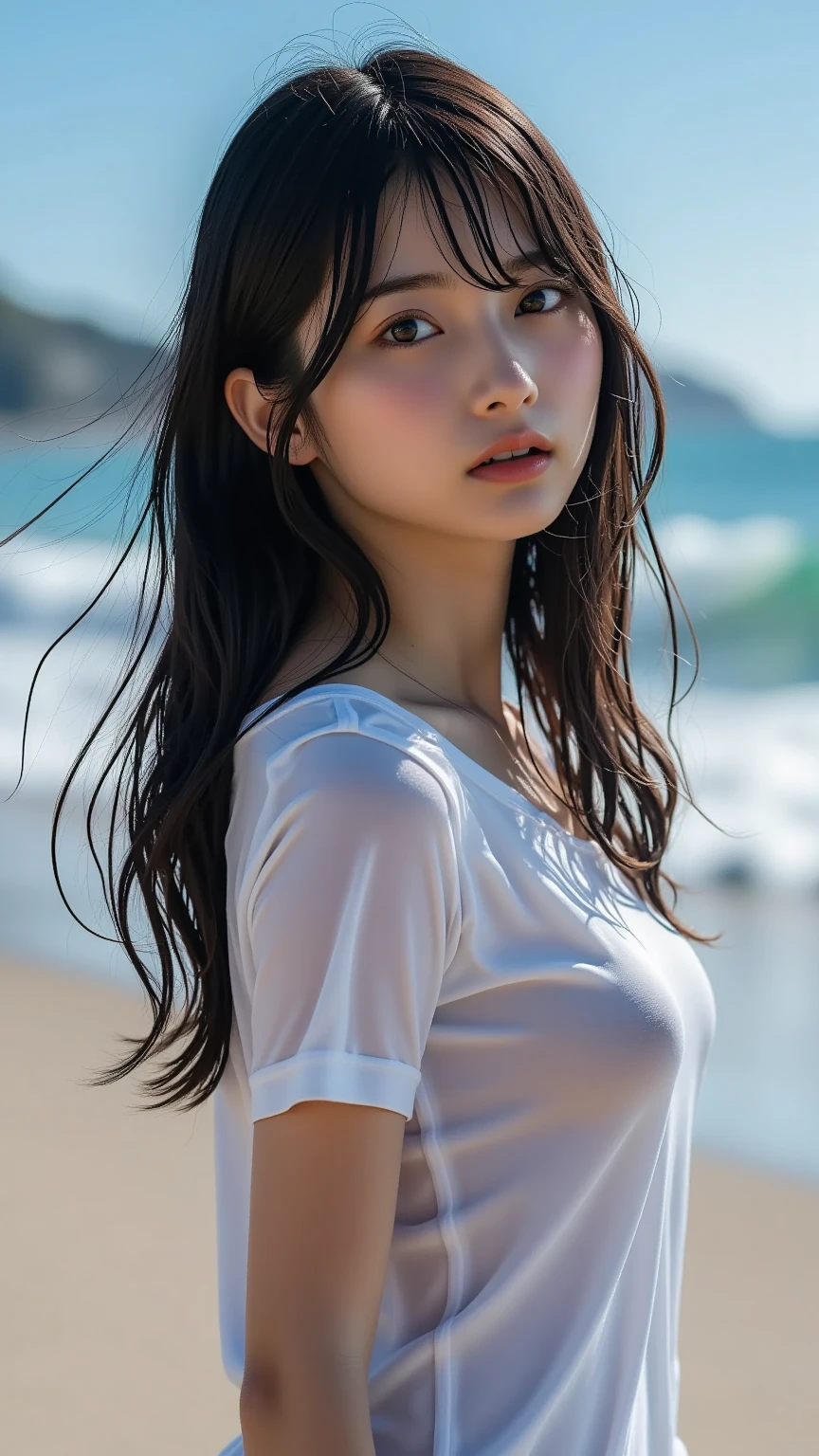 (logo、masterpiece、8k、Tabletop、RAW Photos、wonderful、最high quality、Photorealistic and Very detailed CG integrated 8k wallpaper、high quality、Very detailed、Narrative poem、Particle Effects、Dynamic Effects、Written boundary depth、Cinematic Light、Lens flare、Ray Tracing)、Fantasy、 (One beautiful woman、White pants、White T-shirt、White tube top、White crop top、Black-haired、Beautiful Face、True Face、Beautiful details、eye、Beautiful Skin、Ultimate Body、glamorous)、私の髪はWindに舞う、Hair flutters in Wind、Hair bounces、Seaside、wonderful景色、Coastal、sunrise、Sun in the background、Wind、Beach