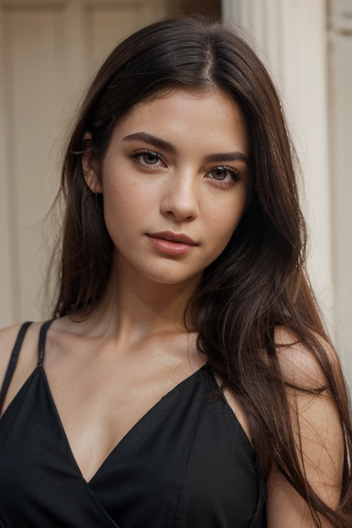 Very beautiful, in her mid-thirties, brunette, with black and long hair, wheat-skinned, green-eyed, attractive, full-lipped, long-lashed, slightly slanted-eyed, solo and only face, ultra-realistic, female portrait, high-resolution and high-quality, facing directly towards the camera with eyes looking at the camera.