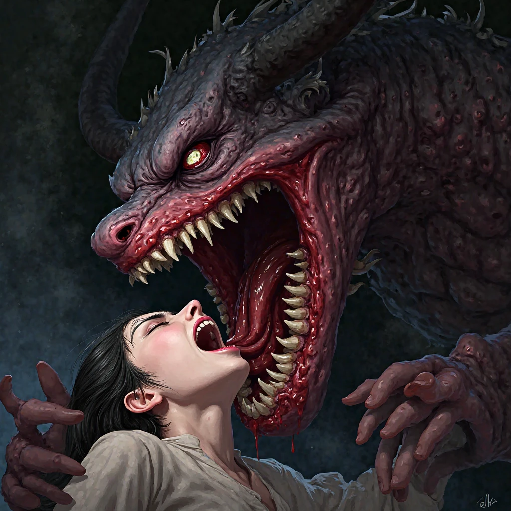Demon in human form. Curved and pointed chubs, prominent fangs, intense eyes, sharp claws, Impressive body. Vague gender.