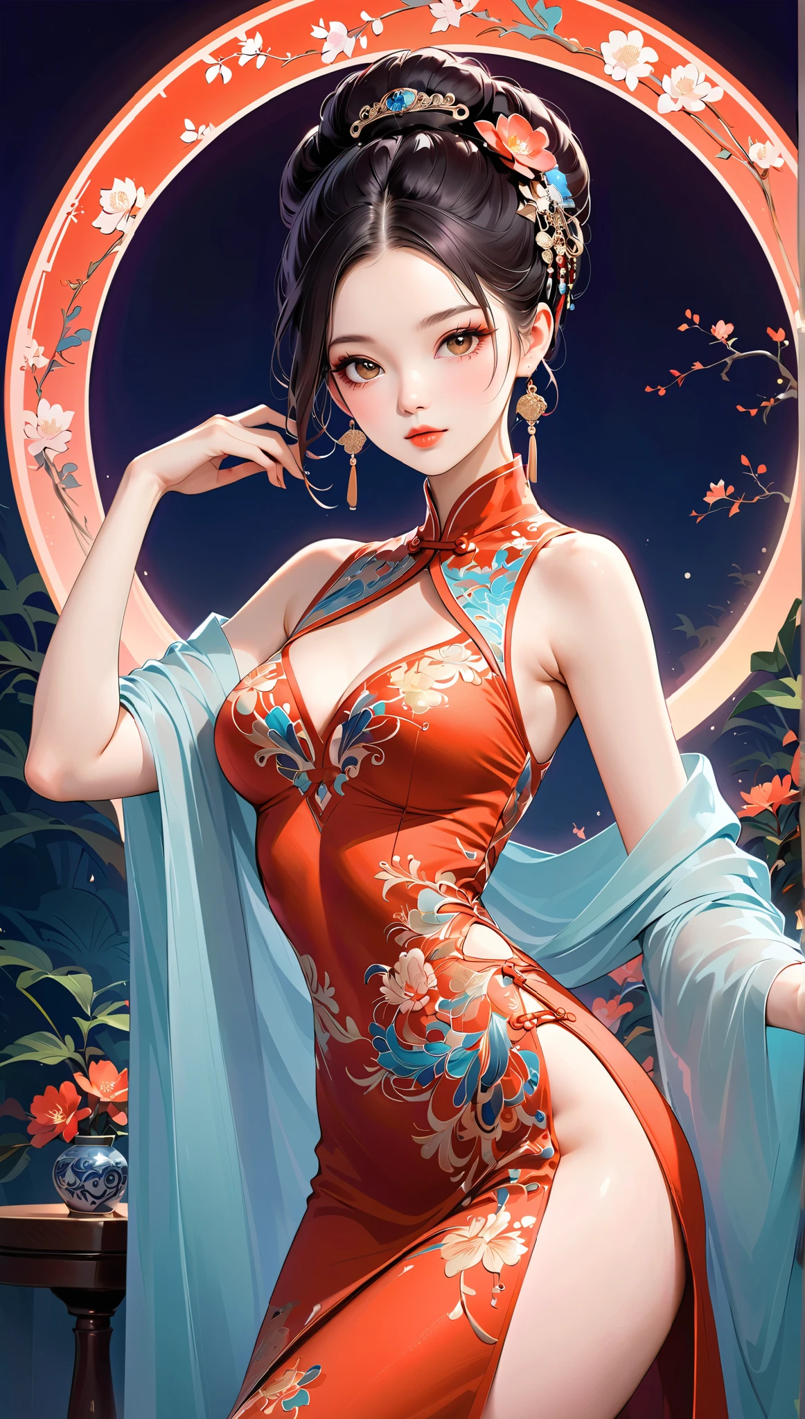 Sexy in Chinese cheongsam,illustration,High-end fashion,Beautiful and delicate eyes,Beautiful and delicate lips,Long eyelashes,Exquisite makeup,Vibrant colors,posture,Attractive background,stylized lighting,editing style,Chinese cultural elements,Exquisite embroidery,Detailed pattern,A modern twist,Feminine charm,complicated,Futuristic,Chic hairstyle,Exquisite accessories,Tempting,Wearing stylish high heels,Luxurious fabrics,Beautiful movements,Confident expression,Ethereal atmosphere,Colorful composition,Impeccable attention to detail,Modern elegance,expressive eyes,Dramatic Lighting,Seamless integration,Artistic talent,Rich texture,Perfect fashion sense,Colored lights,sensual atmosphere,A bold fashion statement,Stylish composition