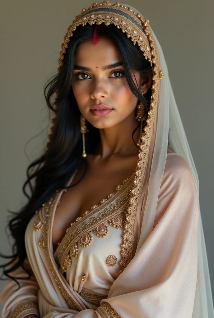 best masterpiece, high quality, 8k high resolution, clear detailed images, ultra detailed, realistic quality, beautiful sexy Indian woman, wearing a hijab, sexy big breasts, wearing a long sleeved shirt, wearing thongs, detailed face, body details, image details
