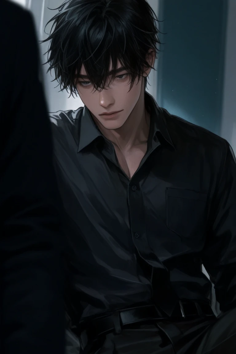 A young man with black hair, blue eyes, a black suit stood with his back turned half-face smoking a cigarette in his room at night.
