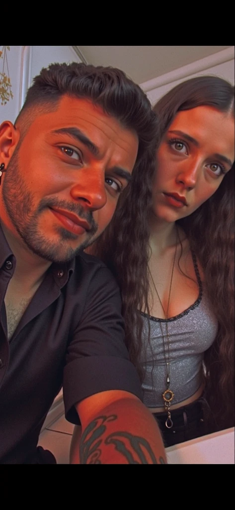 there is a man and a woman posing for a photo, it looks fabiula birth, profile picture, 16 years old Brazilian mother, 15 year old woman from Cuba, ayahausca, by Nándor Katona, malika favre, selfie photography 8k, couple, andrea rocha, angelawhite, 4k post (( big breasts )) red lips of fleshy lipstick, beautiful blonde face with details in sexy look,  prostitute style