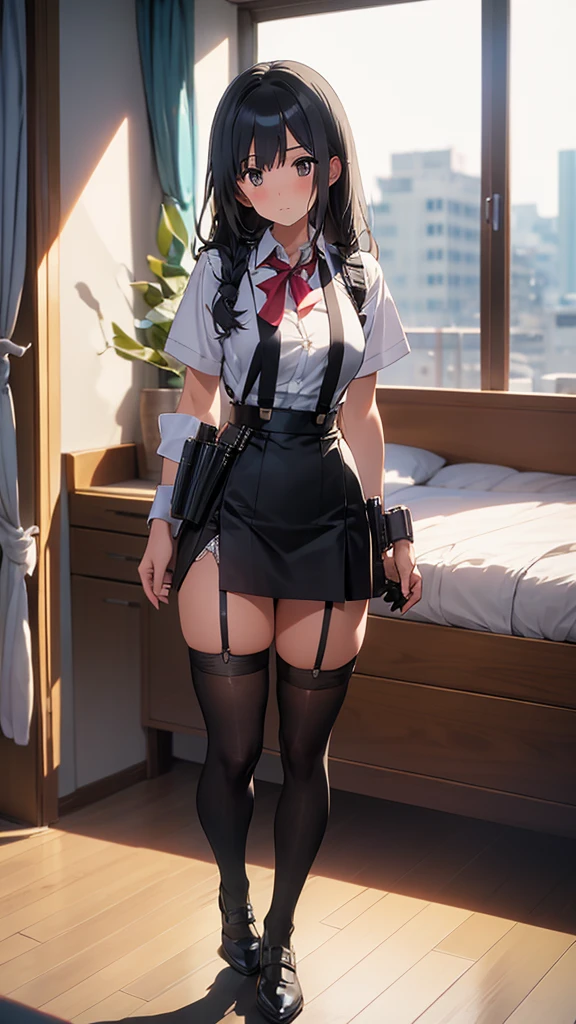 ((highest quality)), ((masterpiece)), (detailed), Anime 2D Rendering, Realistic young anime woman, Perfect Face, OL、Beautiful girl、Outstanding style、nice buddy、glamorous、Big Breasts、navy blue business suit、Skirt、Garter belt and black 30 denier stockings、High heels、office、standing、The whole body is visible