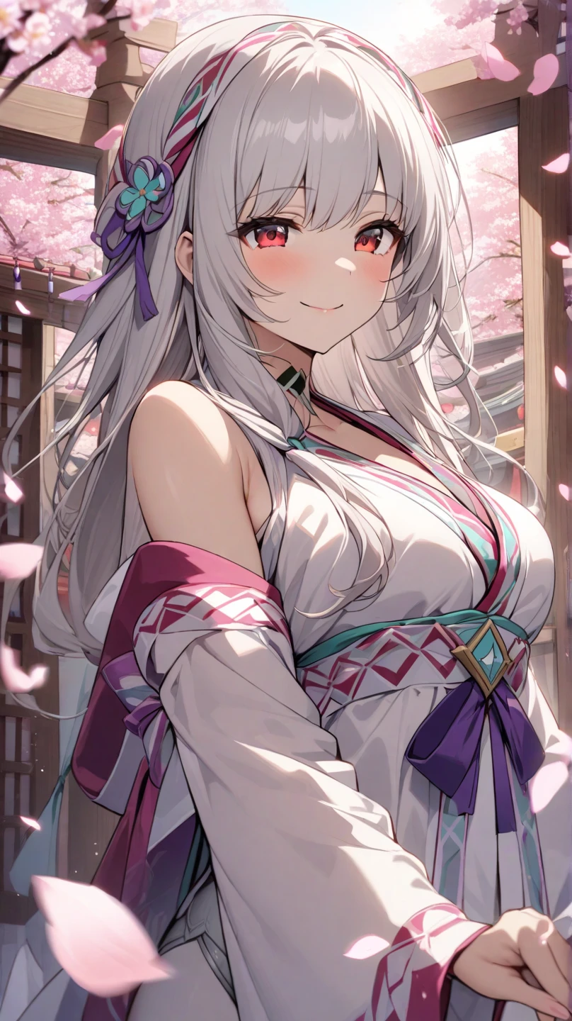 Kimono with fluttering chest、Cleavage、Thighs、17 years old、Holding a sword in one hand、Beautiful Girl Swordsman（（E Cup、Long silver hair）、Cherry blossom background