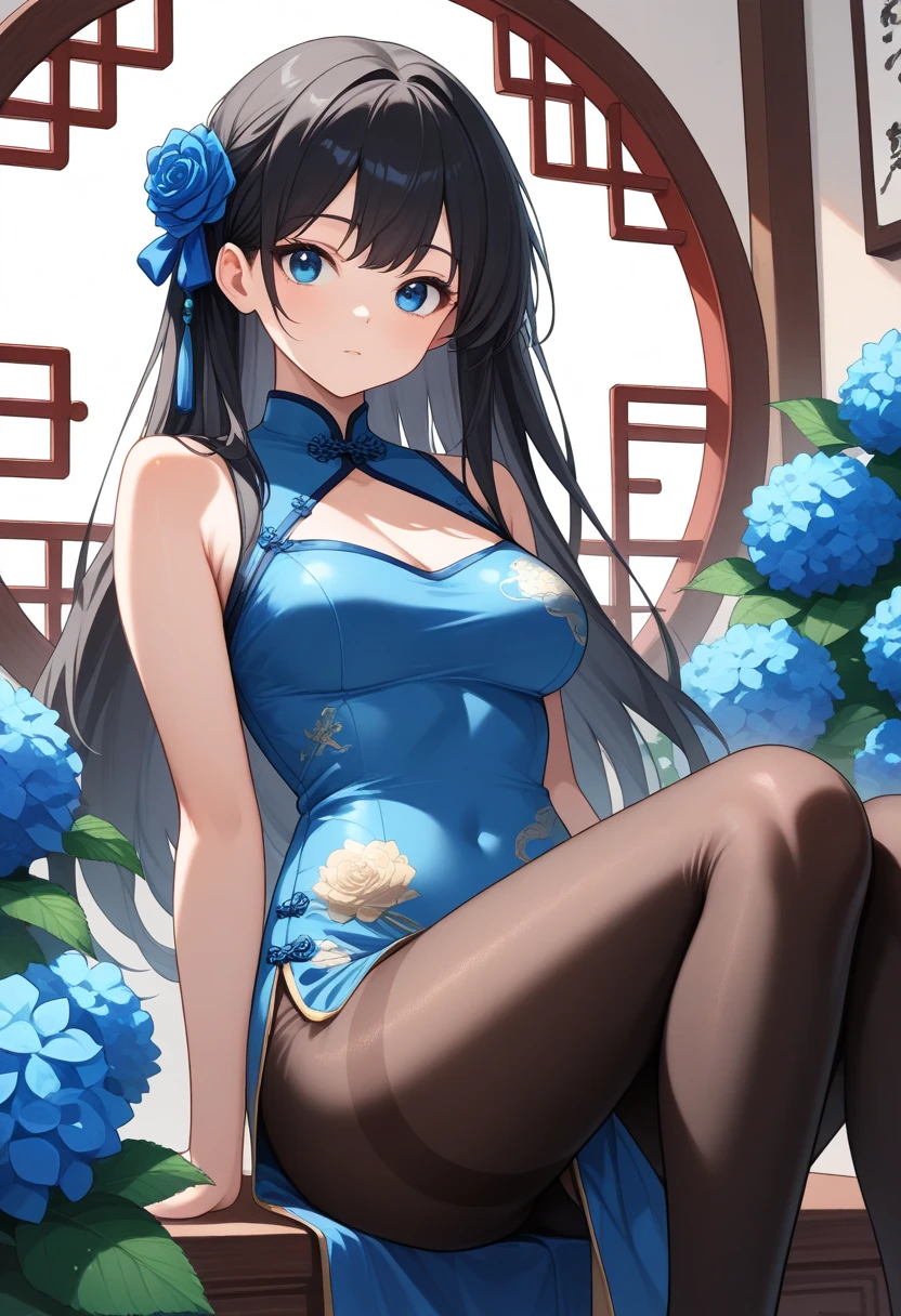 Anime Girl with long thin hair in 2 pigtails and blue ties, anime girl with black hair, off shoulder, Using a white blue short cheongsam, blue stocking, attack sttyle, Front of traditional Chinese building, blue eyes, masterpiece, UHD, Big eyes, blue high heels, White gloves, Chinese outfit, White panties, kick, smile