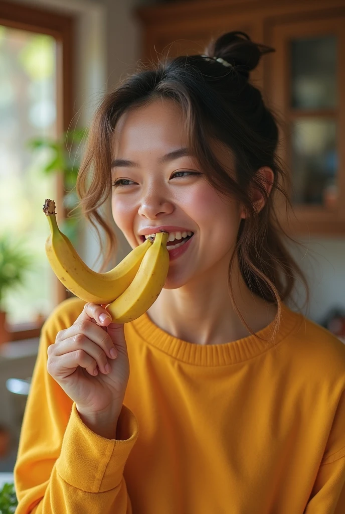 Clothed 30's、A very beautiful Filipino woman。Wearing traditional Filipino clothing。Facing forward、Open your mouth wide、With your right hand、She looks delicious eating the banana she is holding.、I bite into it with the skin on.。The expression is、Ecstatic expression、I feel a strong sense of ecstasy。With a smile、Both eyes are open。The head is peeled、Covered with several real bananas。頭とその周辺にBananaたくさんある。There are bananas all around。Banana、There's just so much。The skin is、Hidden by clothes、Light clothing。There are bananas all around。Covered in bananas。Fully clothed。No tattoos。The background is the color of the Philippine flag.。9:16 sizes。Highest quality、A masterpiece。