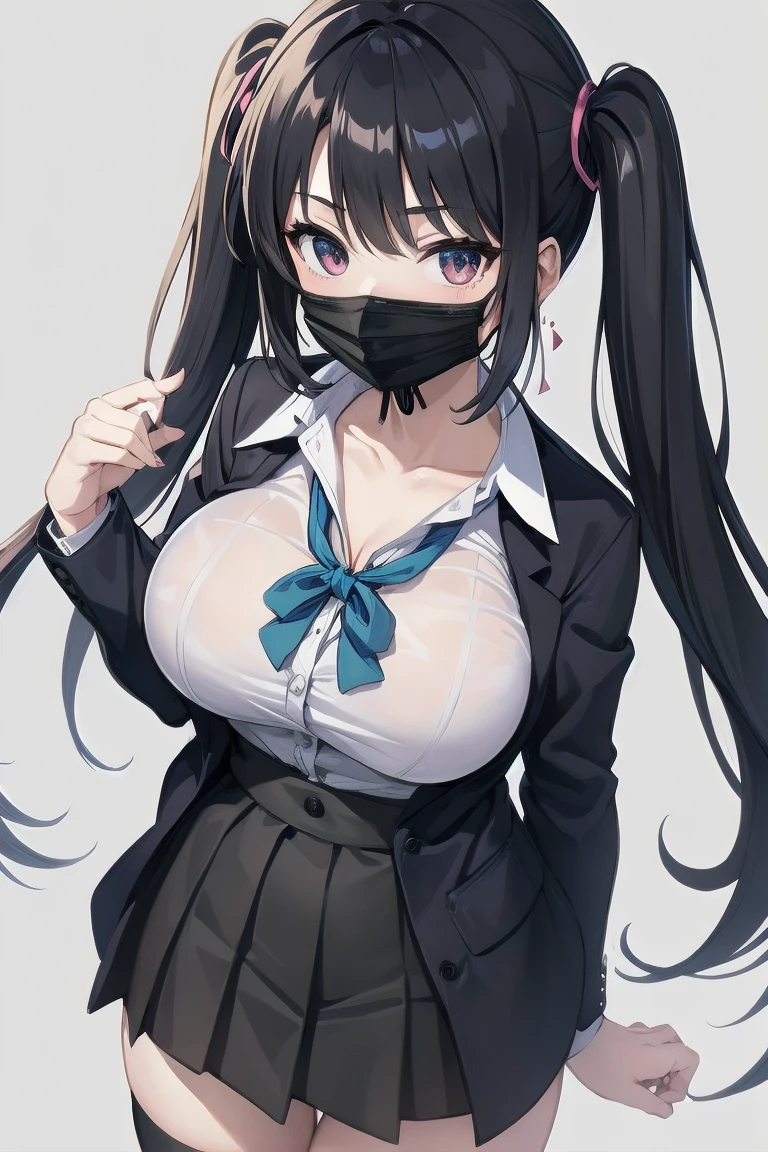 masterpiece、top-quality、absurderes、女の子1人、cool、semi long hair、Light brown hair、Hair with blue mesh、black masks、Black shirt、Black pleated skirt、neck tie、tall girl、huge tit、Pale blue eyes、