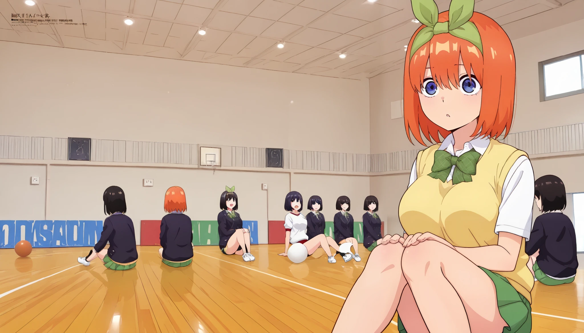 1girl, y0tsuba, large breasts, orange hair, blue eyes, short hair, hair between eyes green bow hairband, black blazer, open blazer, yellow sweater vest, white collared shirt, bowtie, plaid bowtie, green skirt, pleated skirt,y0tsuba, orange hair, blue eyes, short hair, hair between eyes, green bow hairband,Gymn4s3,sitting on the floor grasping one's knees (as in a gym class),,score_9, score_8_up, score_7_up, rating_safe, masterpiece, best quality, absurdres, unity 8k wallpaper, official art, official style, source_anime, uncensored, game cg, megami magazine,taiikukan, indoors, sportswear, multiple girls, indoors, photo background, shorts, ball, 6+girls, ceiling light, black hair, ceiling, stage, wooden floor, gym uniform, sportswear,