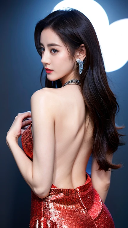 Ultra HD resolution,Artistic Photo,photography,21-year-old girl,earrings,Long hair,black background,Black backless dress,necklace,Cowboy shooting,H Cup,Showing cleavage,Expose more breasts,Amazing breast size,nipple,Expose the areola,Breast enlargement,Smooth and beautiful back,Completely bare back,Cool white skin,Big Ass,Silk clothes,Messy hair,Messy hair