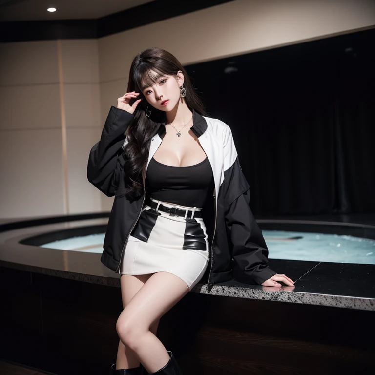 a sexy girl around 20 year old in the thin long sleeve  shirt sitting  in roof top bar , mountain background , pool of mist , dark theme , mood and tone , light and shadow , realistic , 4k , Photo by Leica M11