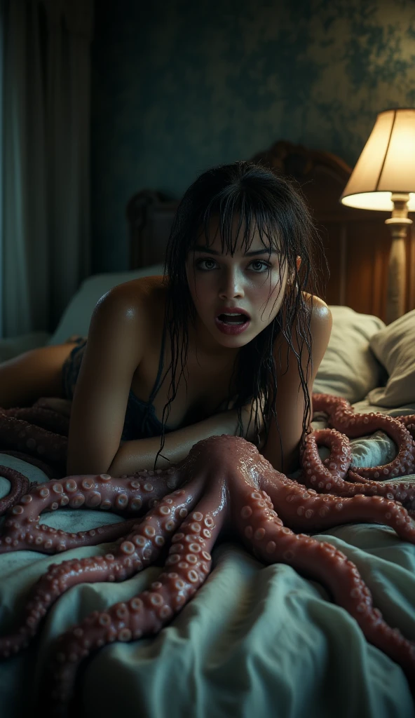 A terrified, realistic young woman lies frozen on a bed in a dark, claustrophobic bedroom. Her wide, tear-filled eyes stare up in pure panic, mouth slightly open as if caught in a silent scream. She wears a tank top and shorts, her body trembling, limbs tense. Dozens of wet, slimy octopus tentacles slowly slither across the bed sheets toward her from the shadows — some already wrapping around her ankles and wrists, pinning her down. The room is dimly lit by a single flickering lamp, casting harsh shadows on the walls. The tentacles glisten under the light, their suction cups twitching, the atmosphere thick with dread. Her hair is spread chaotically over the pillow, sweat on her forehead. The scene is hyper-detailed, photorealistic, with deep cinematic contrast — fear, helplessness, and unnatural horror fill every corner of the frame. 8K, dark thriller aesthetic.