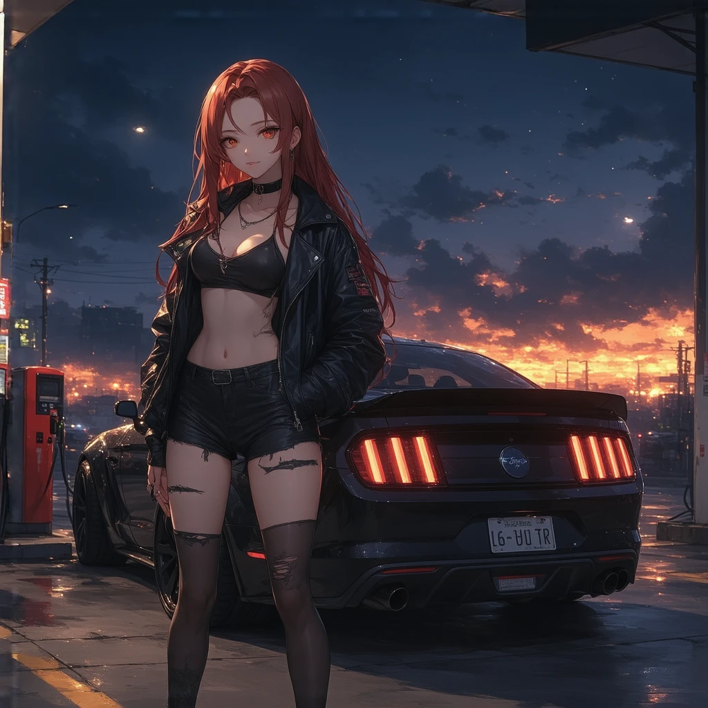 masterpiece, best quality, <lora:volume-nikke-richy-v1:0.9> volume, jacket, bodystocking, torn clothes, large breasts, tan, sunglasses, convertible, sports car, sitting on hood of a car, street, night, lamppost, cityscape