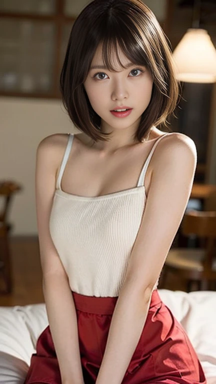close-up of beautiful Japanese, Yanagi Yurina is a Japanese actress and model, Kana is a female character Junpei Think Again 2018 Japanese action movie, age 22 years old girl, youthful face, white skin body, perfect body, very long hair, standard black hair, straight hair, 34 inches breasts size, wearing a plain standard bright red strapless tube top, wearing a tight plain standard bright white seamless spandex boyshort pant short leggings, Kana sat in the boyfriend living room with Junpei, Kana's clothes were held by Junpei with excitement and curiosity, then Kana's clothes were cut by Junpei using scissors starting from t-shirt to the tube top so that it made Kana even more aroused and became very sexy and seductive, strand by strand Kana’s clothes fell because it had been cut, the remaining pieces of Kana’s clothes were scattered at the bottom, now Kana’s clothes show off her breasts because they have been cut by Junpei so that they look even more sexy and seductive, sexy looking pose, pose a naughty look, pose looks seductive, at the boyfriend living room, boyfriend living room background, UHD