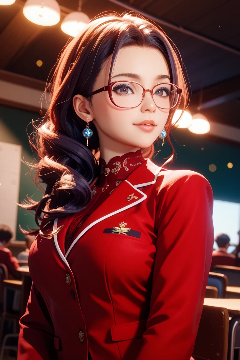 highest resolution,semi-realistic,realistic detail,feminine,small size,black hair,double braided hairstyle,round head,bangs,green eyes,red glasses,wearing formal dress,uniform, White coat outerwear, red innerwear, dark expression, air force, war, government agency, war, science fiction, space.