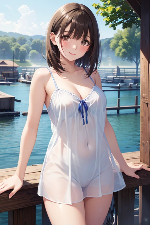 Dark Haired Girl, Light blue micro bikini and white low apron, Small Hips, Large Breasts