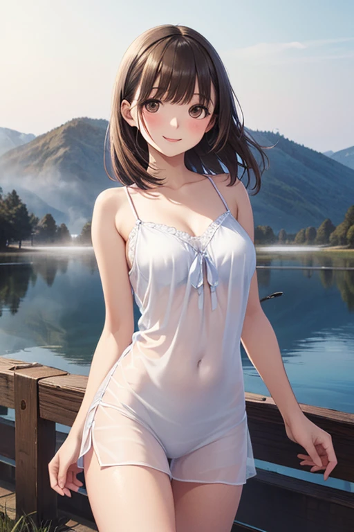 (masterpiece:2.0), (top-quality:2.0), (standing naked in the lake :1.5), (view from the side:1.5), (extremely small see-through pareo:1.5), (sexypose:1.5), (blushed face:1.3), (hide chest with hand:1.3), (Spilling boobs:1.4), (realistic:1.5), under the boobs, side boob is visible, naked, 1 little girl, precise small hands, Embarrassed look, light smile, extremely cute girl, baby face, Clear eyes, Shining eyes, small breast, shoulder is visible, Tummy is visible, (cleavage of the breast is visible:1.5), (the thighs is visible:1.5), the lower abdomen is visible, The crotch is visible, No pubic hair, full body, The beautiful skin, ultra-definition, Top resolution, japan high school student, brown hair,