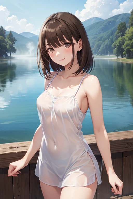 (8K、masterpiece、Highly detailed background、high resolution)、（Beauty、20-year-old、Short Hair、Brown Hair）、（My whole body is wet、White short sleeve shirt、Sheer bikini）、Poolside、smile