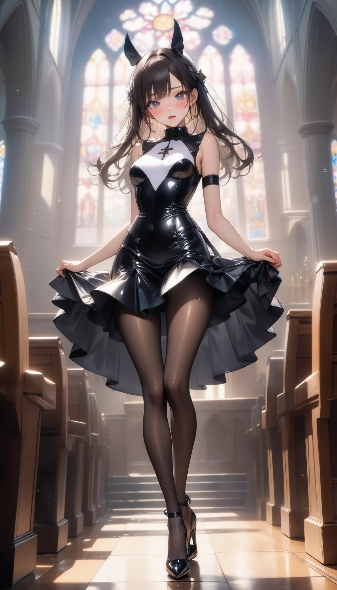 (Evil smile), (((Widow Costume, Gorgeous embroidery, Leather panties, skirt, Pantyhose, Stiletto heels))), ((Shiny Costumes)), ((skindentation)), skinny, solo, 1 woman, Masterpiece, highest quality, highest quality, 16K, incredibly absurd, highly detailed, 2.5D, ai-generated, delicate and dynamic, very delicate facial expressions, delicate eye depiction, erotic, only sexy woman, ((A cute and kind face)), healthy figure, ((2 woman)), 160cm tall, medium firm swaying bust, Dark Hair, blush, Sweat,Embarrassed,sexy, ((thin thighs)), shiny and lustrous, facing straight at viewer, (((in heat))), ((Oily_skin)), ((Lots of sweat)), ((dutch angle)), ((erotic pose)), (((Dynamic Pose))), ((Transparent and sparkling costume)), ((Inside the church chapel)),