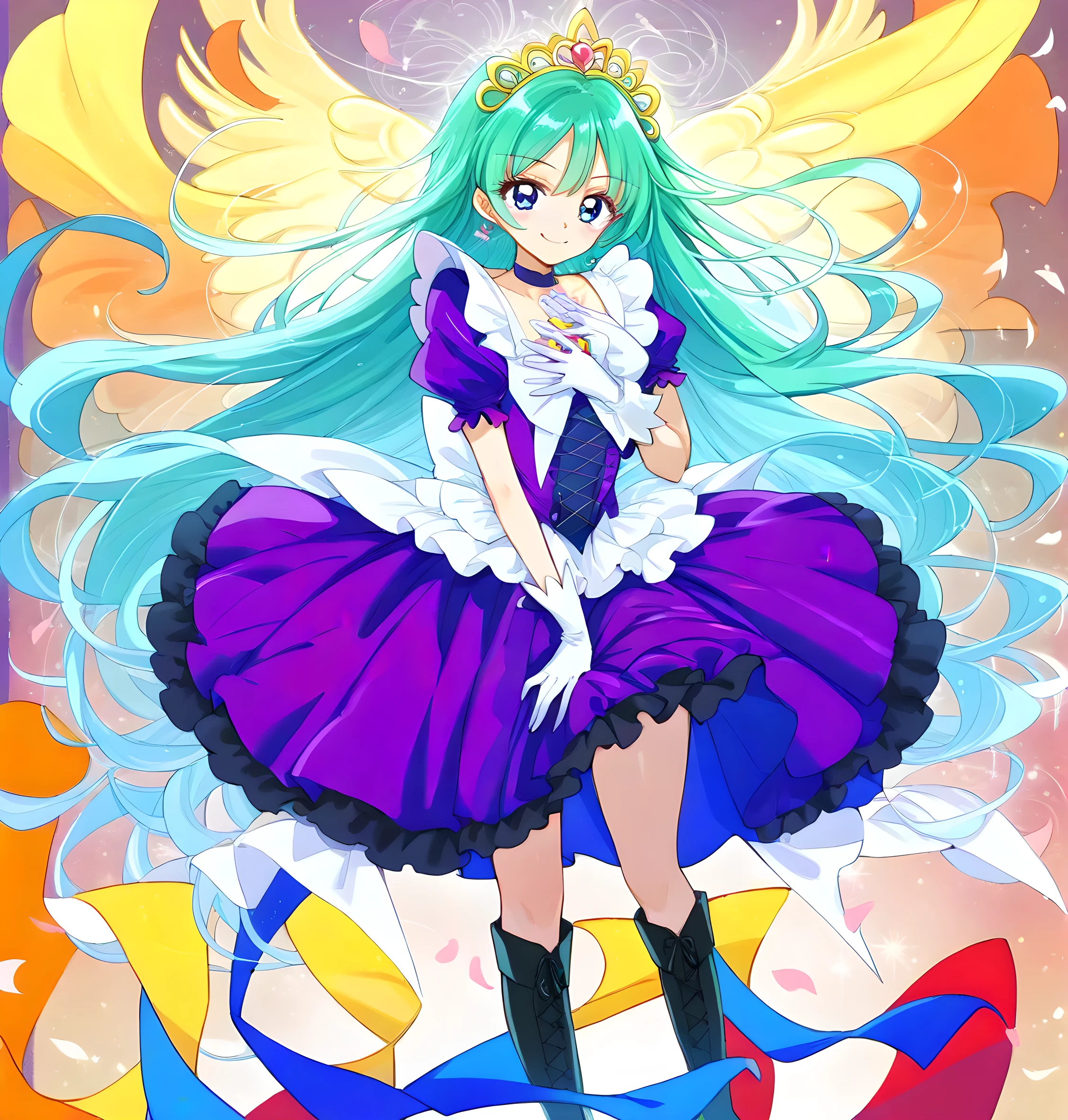 Magical Girl PreCure, smiling magical girl wearing white gloves, purple dress, best quality masterpiece, high definition, (highly detailed background:1.2), standing, Black boots, Black and purple inner color、chest, 大きなchest, Outstanding Style , thigh, clavicle, valley, Super long hair, trevally、Very long divine hair、princess cut、straight hair、long hair, tiara、tiaraを頭に置く
