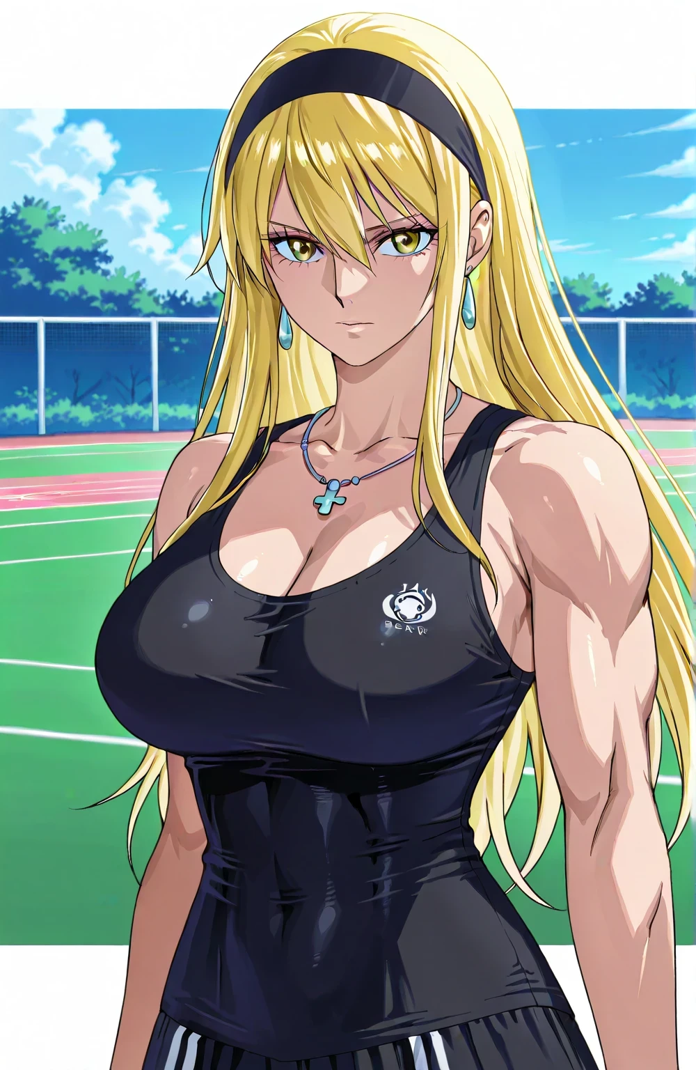 score 9 、score 8 up、score 7 up、source anime、masterpiece、top quality、high definition、anime coloring、1woman、katya、cool beauty、 anime woman wearing white tennis suit with long hair、solo、Beautiful anime portrait、beautiful anime girls、anime girl、BEAUTIFUL ANIME WOMAN、Big Breasts、women with very large breasts、biceps、biceps long head、biceps short head、triceps、triceps medial head、triceps lateral head、triceps longhead、brachioradialis 、deltoids、anterior deltoids、middle deltoids、posterior deltoids、collarbone、(blonde hair:1.5)、hair between eyes、eyelash、long hair、List、jewelry necklace、jewelry earrings、black hairband、white tennis one pieceを着たアニメの女性、Anime Woman Portrait、 classy atmosphere、elegant atmosphere、costume:white tennis one piece、sleeveless、 female anime character 、Cool anime women、Very tall woman、 Basic Tennis Dress 、tennis one piece with an white、toned body、tennis one piece sleeve with an no sleeve、 Bigger Chest and Butt 、Anime Female Portrait 、detailed Anime Female Portrait 、Anime female portrait、Anime Woman Portrait、The King&#39;s Hymn as a Princess、looking at viewer、cowboy shot、female focus、Outdoors、tennis court、