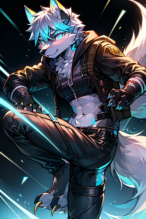 Furry,wolf boy,White fur,crystal blue eyes,Single fluffy tail,greyt hair,short detailed hair,dive,Wear diving goggles,masculine features,footwear,Squat,asshole,bulge,Sexy latex swimsuit