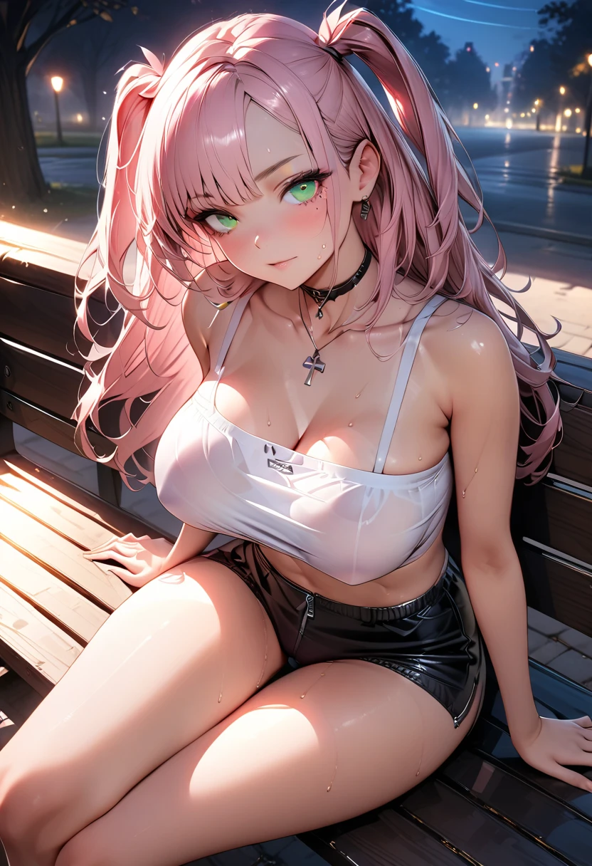 ((Highest quality, 8k, masterpiece :1.3)), (Sharp focus :1.2, Beautiful woman with perfect figure :1.4, Slim Abs :1.2), ((Big Breasts, Emphasize cleavage, The underboob is visible:1.3)), (Photorealistic:1.4), (realistic:1.4), (Pink Hair:1.5), Highly detailed face and skin texture, Fine grain, double eyelid. Makeup face, A little bit of lipstick, sex appeal, Sexy gravure pose, ((Black jacket and checked skirt、Black tights、Lying on a bench in the park at night、Sexy pose with skirt rolled up to show her butt。A watch on your wrist、Tongue-out expression。:1.3)