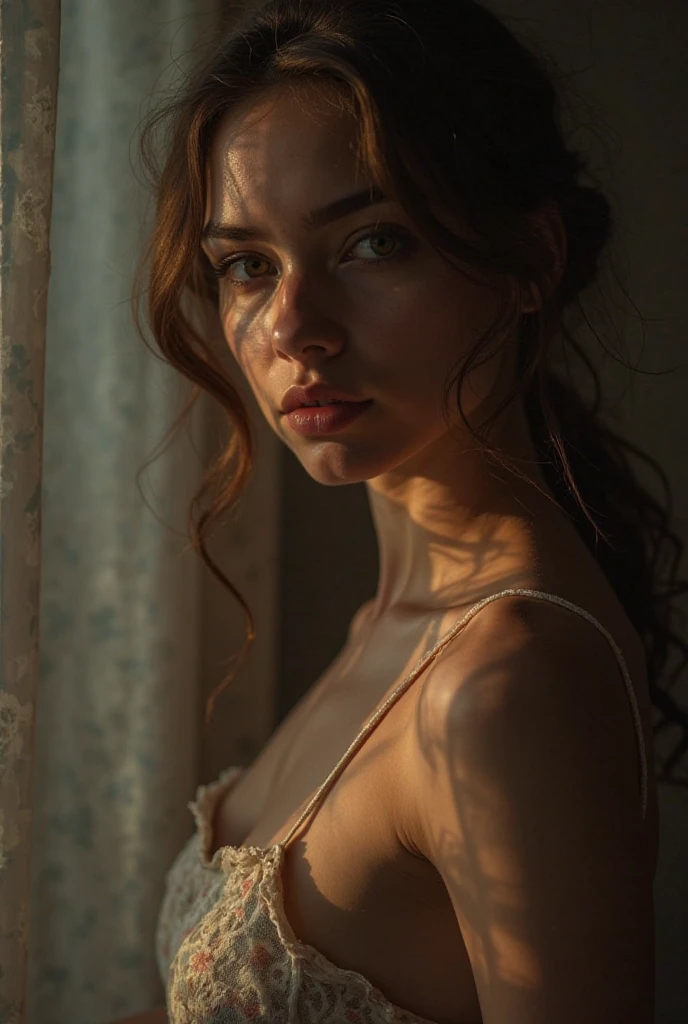 I am the lines of her and her body in blur but her beautiful and defined face shows her internal sadness and of her different faces that exist above her of her different lives only a figure of her naked body in blur is seen and the expression of her face that sees the pain with that light of nostalgia and shadows with volumes , It is hope come true, her entire body is seen in blur, the message I want to convey is that there is tranquility for her. , 24k artwork uses volume in shadows uses the rules of composition uses the rules of cinema uses its colors rule of thirds and all the rules of photography uses the compositions of cinema shadows with volume and uses the latest image creation techniques photoshop rendering creates deep shadows highlighting the volume of 3d reality