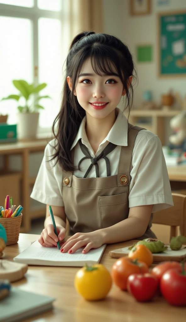 ((realistic, best quality, highest resolution, 8k)), ((accurate anatomy, accurate body, accurate hands, Accurate feet)), full body photo, She is a Japanese beauty with lovely big , ponytail hair, black hair, black eyes, red lips, pale skin, clean skin, kindergarten teacher, 그녀는 전문적인 지식을 가진 kindergarten teacher입니다, She teaches ren with an angelic smile, Put the s to sleep and look at the viewers, It's a decorated room that s will love, 아름다운 미소를 짓는 kindergarten teacher입니다