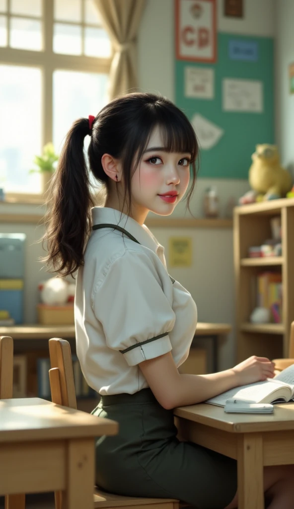 ((realistic, best quality, highest resolution, 8k)), ((accurate anatomy, accurate body, accurate hands, Accurate feet)), full body photo, She is a Japanese beauty with lovely big , ponytail hair, black hair, black eyes, red lips, pale skin, clean skin, kindergarten teacher, 그녀는 전문적인 지식을 가진 kindergarten teacher입니다, She teaches ren with an angelic smile, Put the s to sleep and look at the viewers, It's a decorated room that s will love, 아름다운 미소를 짓는 kindergarten teacher입니다